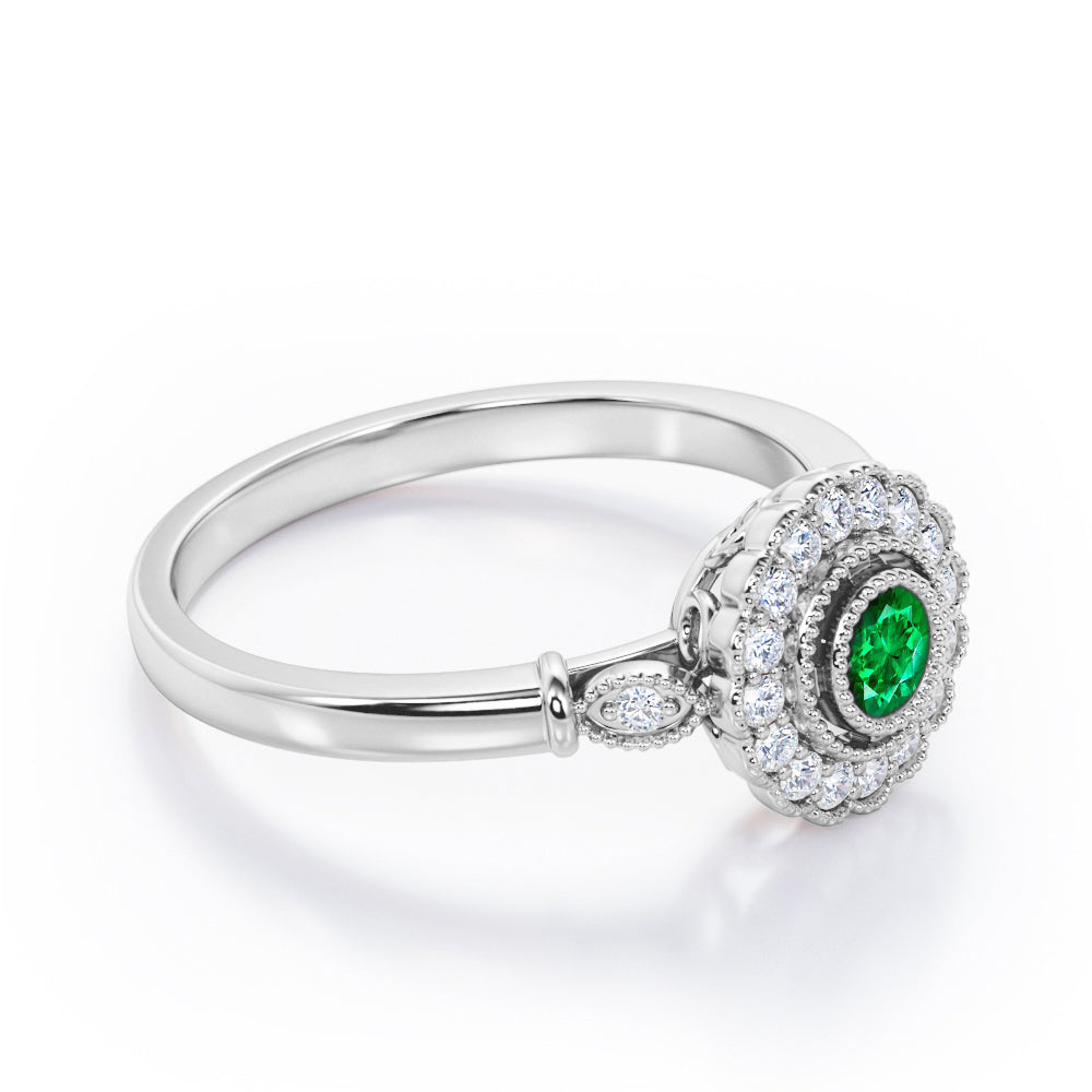 Milgrain Flower Halo 1.2 carat Carat Round Brilliant Cut Emerald and diamond Trilogy Bezel Engagement Ring in White Gold