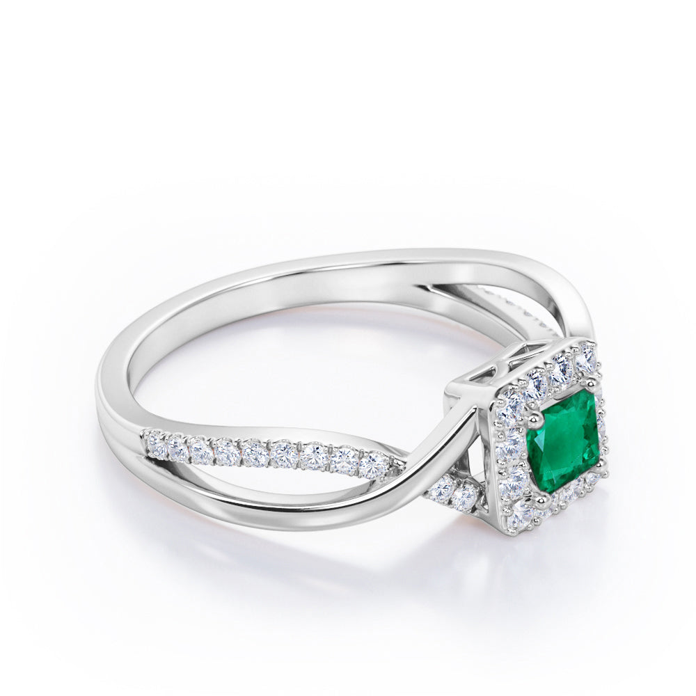 1.25 Carat Princess Cut Emerald and diamond - Half Crossover Pave - Halo Engagement Ring in White Gold