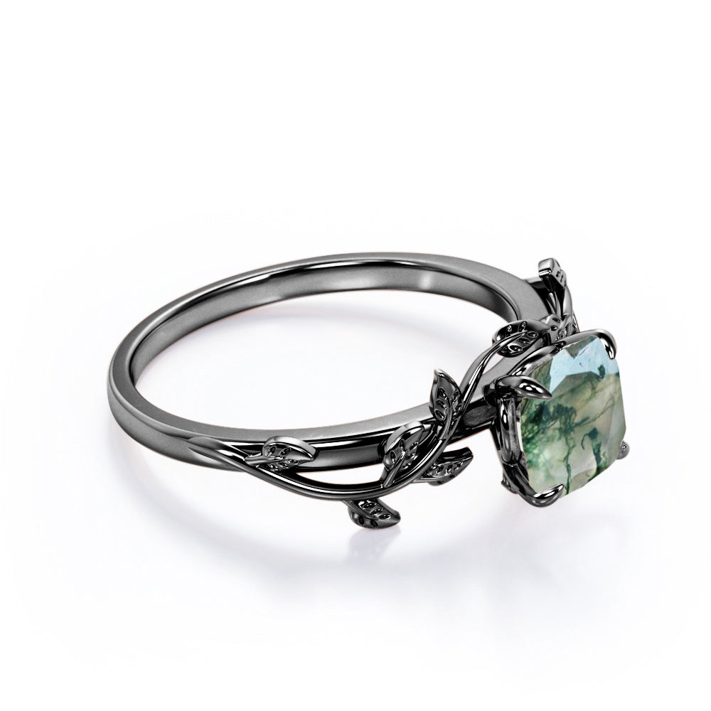 1 Carat Cushion Cut Natural Transparent Moss Green Agate - 4 Prong Setting - Nature Inspired Engagement Ring - 18K Black Gold Plating over Silver