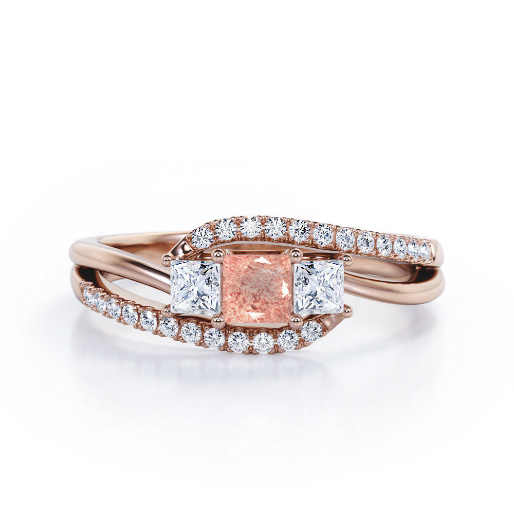 Shared Prongs 1 carat Princess Strawberry Quartz and diamond Split Shank Band Engagement Ring in Rose Gold