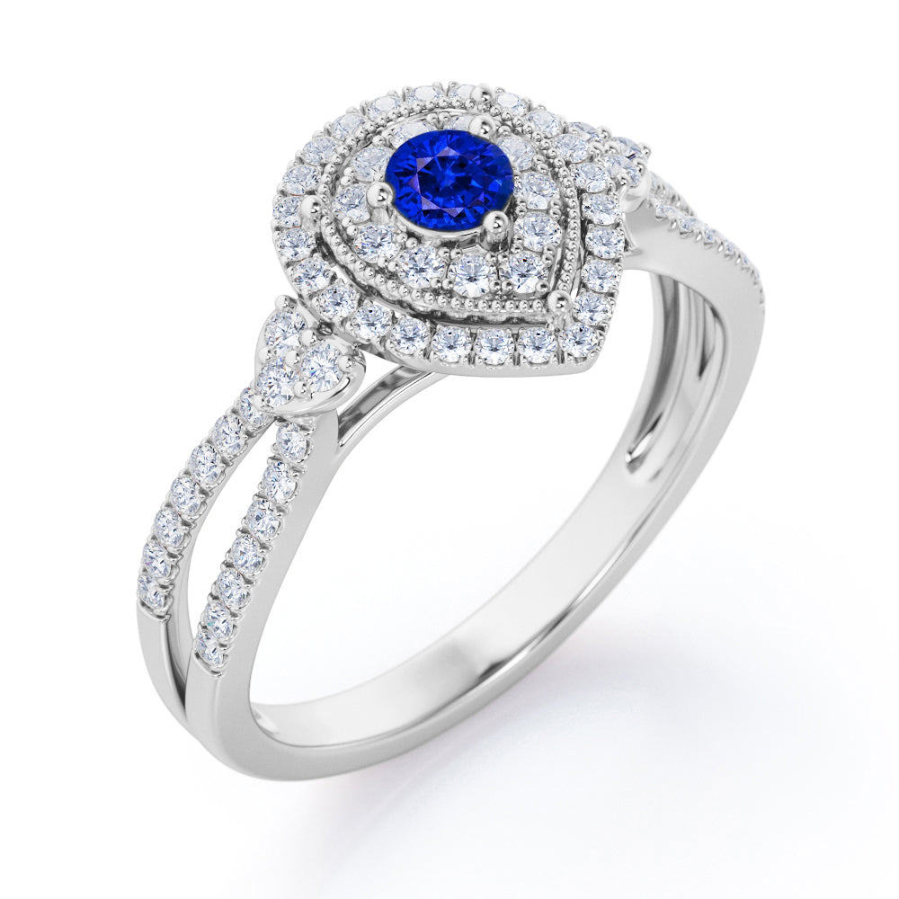 Pear-Shaped Double Halo - 1.7 Carat Round Cut Blue Sapphire and diamond - Pave Split Shank Engagement Ring in White Gold