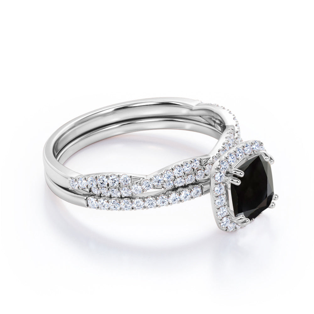 2 carat cushion cut Black Diamond halo bridal set in white gold