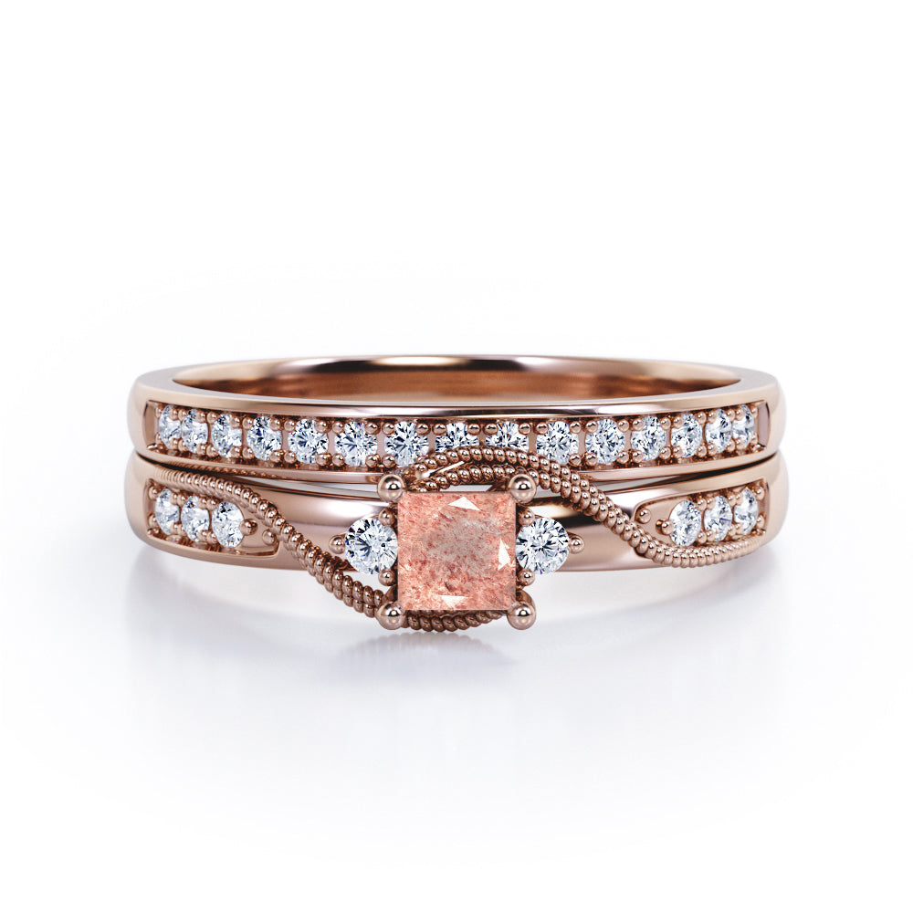 Trilogy Duo Milgrain 0.7 TCW Princess Cut Strawberry Quartz and diamond Vintage Bridal Ring Set in Rose Gold