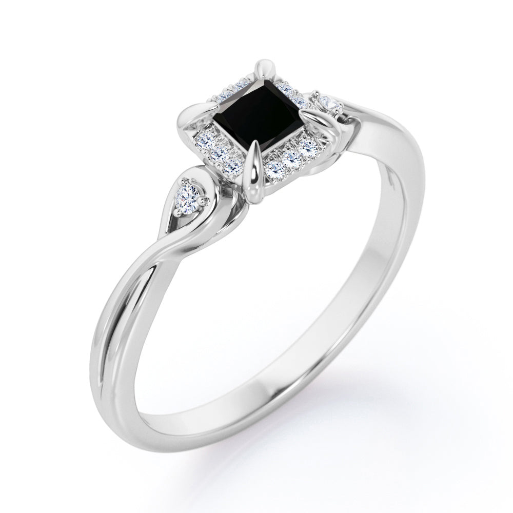 Prong and Halo 0.6 carat Princess Black Diamond Twisted Shank Engagement Ring in White Gold