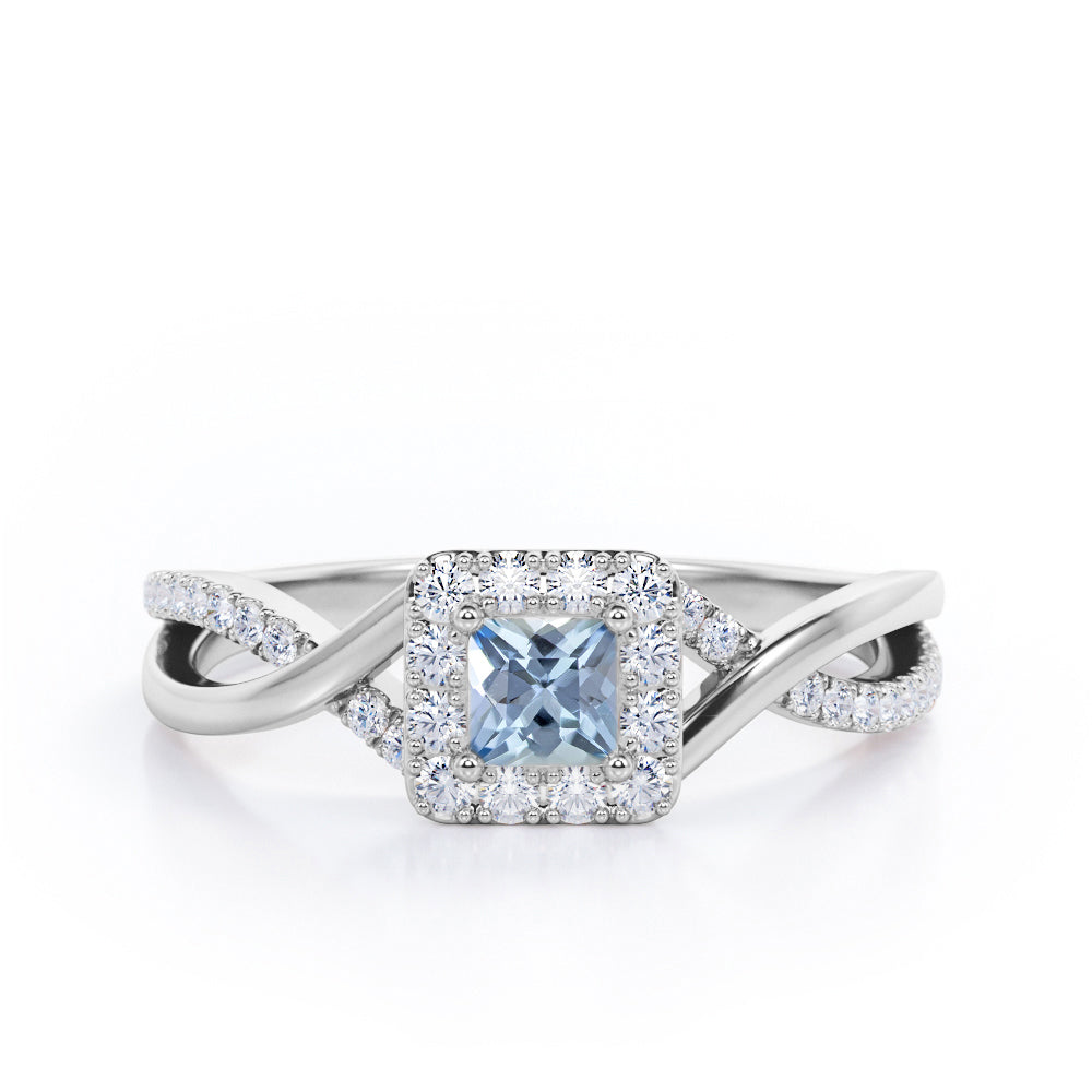 1.25 Carat Princess Cut Aquamarine - Half Crossover Pave - Halo Engagement Ring in White Gold