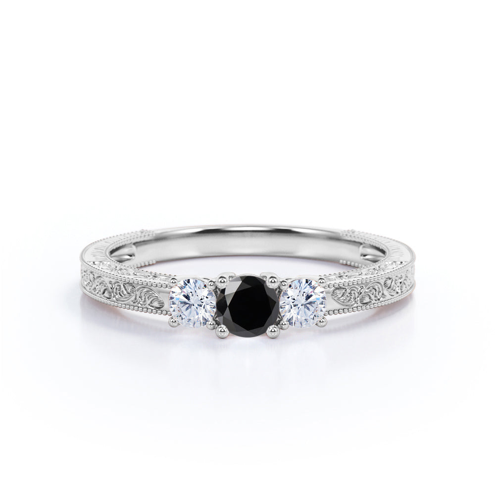 1 carat round cut Black Diamond three stone engagement ring in white gold