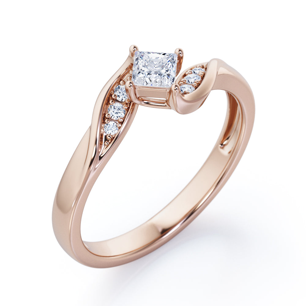 Twisted 7 Stone Ring - 0.55 carat Princess Diamond and Diamond Elegant Engagement Ring in Rose Gold