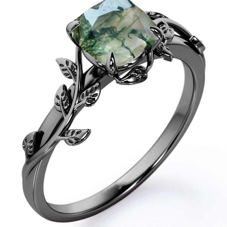 1 Carat Cushion Cut Natural Transparent Moss Green Agate - 4 Prong Setting - Nature Inspired Engagement Ring - 18K Black Gold Plating over Silver