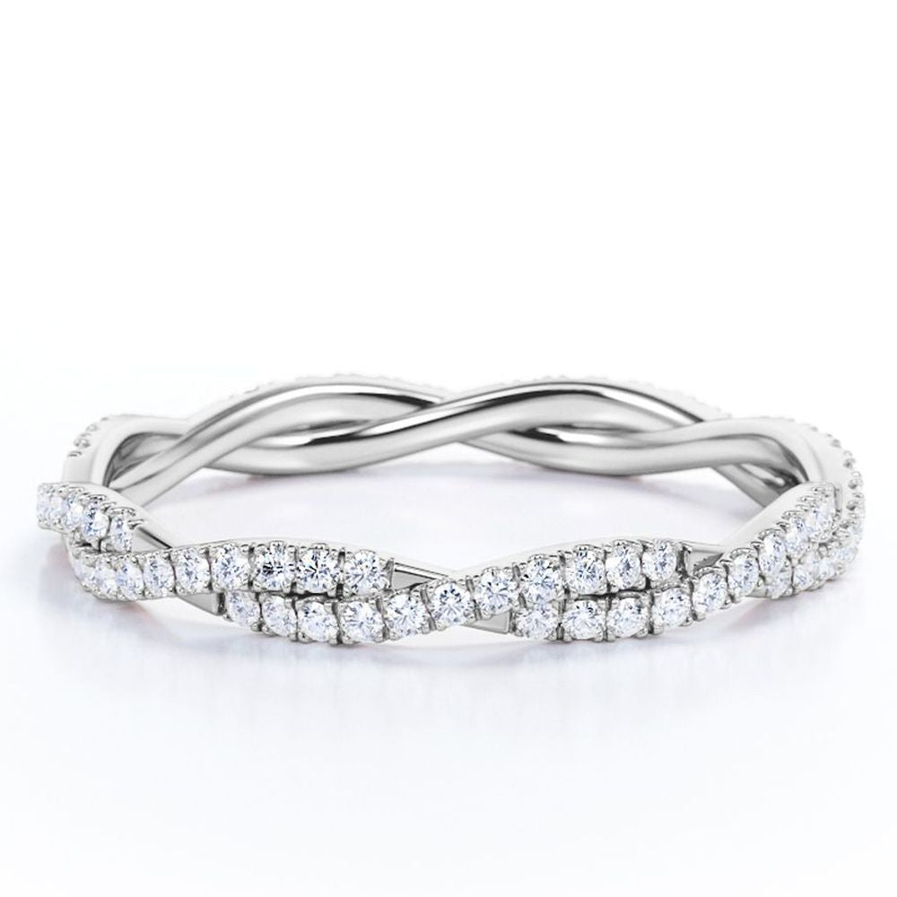 Pave Design - 0.5 Carat Cubic Zirconia Round Shape - Twisted Eternity Wedding Band - 18K White Gold Plating over Silver