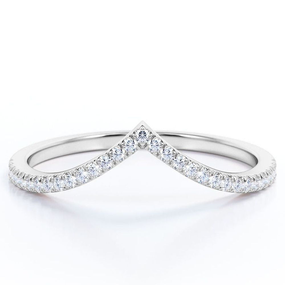 V-Shaped 0.25 Carat Cubic Zirconia Round Shaped - Scalloped Pave Wedding Band - 18K White Gold Plating over Silver