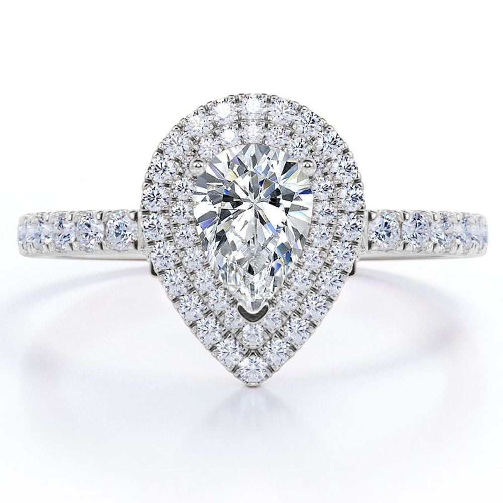 1.5 Carat Cubic Zirconia Pear Cut - Duo Halo Setting - Pave Design Engagement Ring - 18K White Gold Plating over Silver