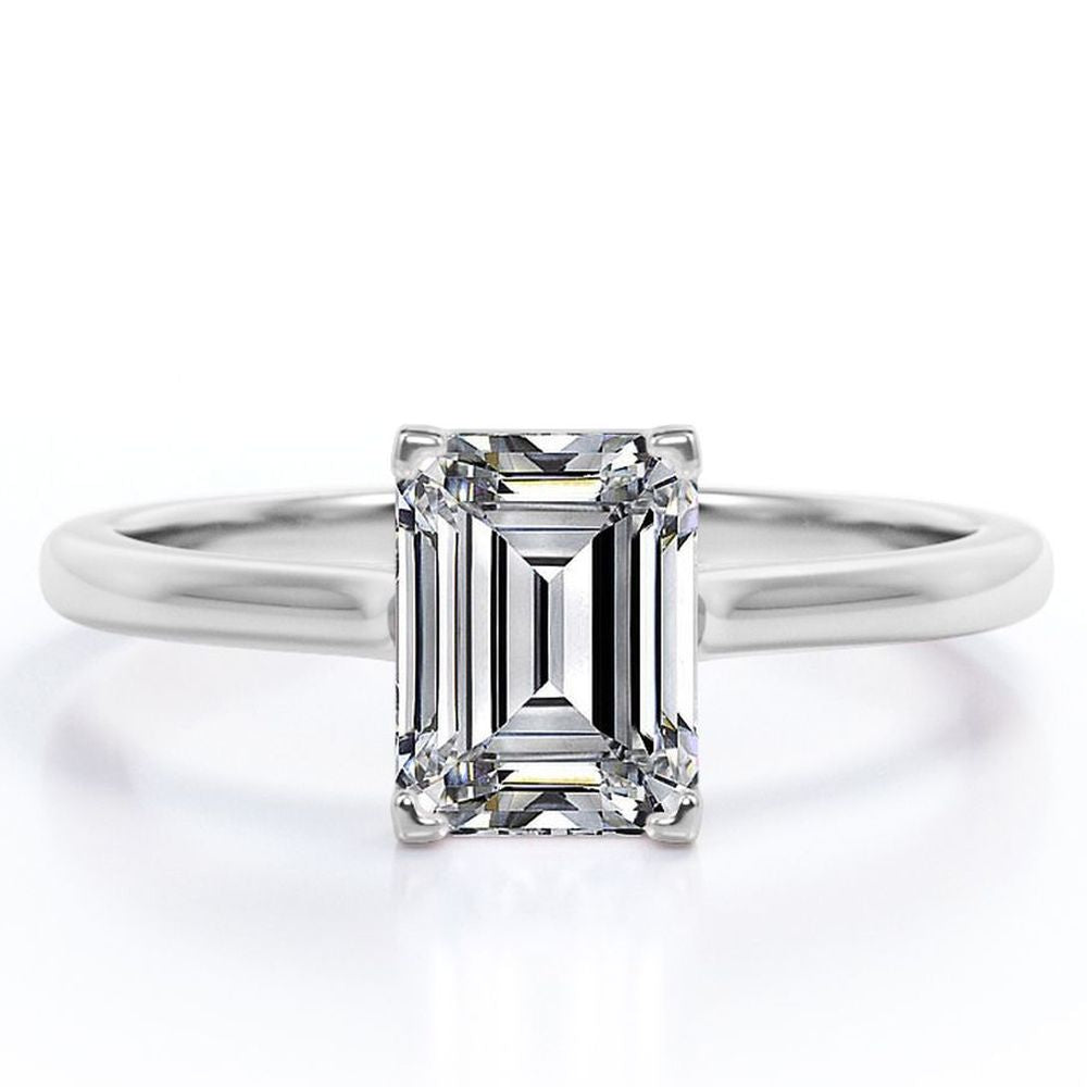 Minimalist - 1 Carat Cubic Zirconia Emerald Cut - Solitaire Prong Set Right Hand Ring - 18K White Gold Plating over Silver