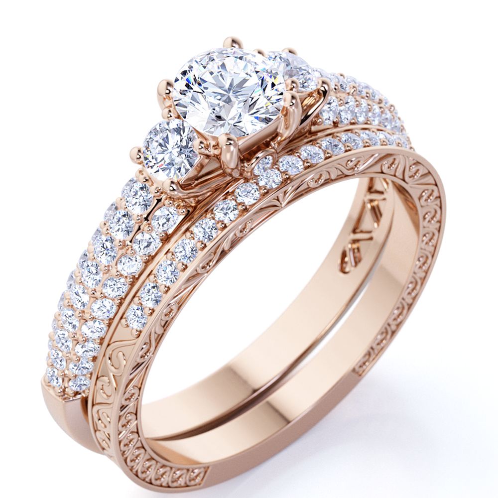 1.25 ct - Round Real 3 Stone Diamond - Past Present Future Ring - Victorian - Vintage Wedding Ring Set - 10K Rose Gold