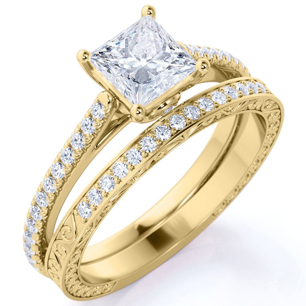 Princess Cut Diamond - Pave Band - Simple Antique Engagement Ring Set - 10K Yellow Gold