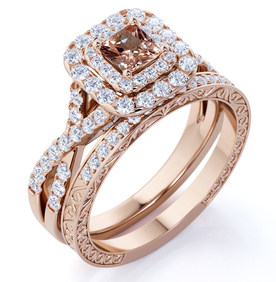 2.25 Carat Princess Cut created morganite Wedding Set - Bridal Set - Wedding Trio Set - Infinity Ring- 18k Rose Gold Over Silver