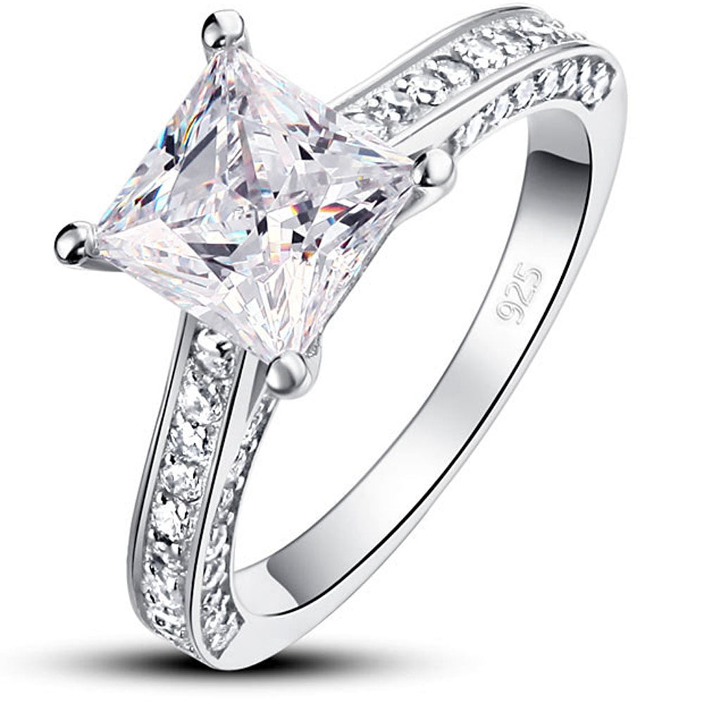 1.75 Carat Princess Cut Moissanite Engagement Ring - Bridal Set - Pave Ring - Promise Ring - 18k White Gold Over Silver