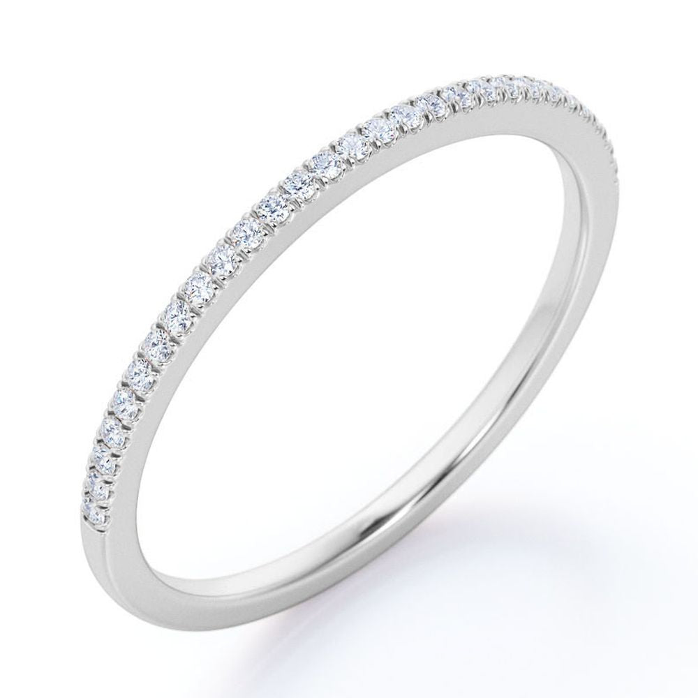 Pave Accented - 0.25 Carat Round Cut Cubic Zirconia - Classic Wedding Band - 18K White Gold Plating over Silver