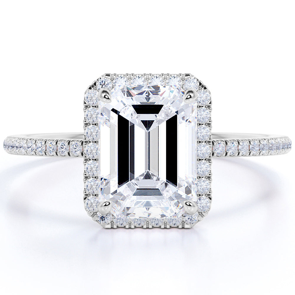 Classic 1.75 Carat Emerald Cut Halo Engagement Ring in 18k White Gold Over Silver