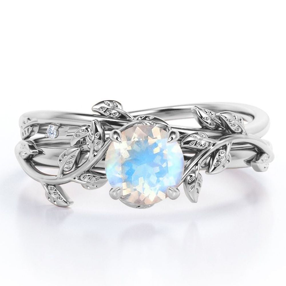 0.50 Carat Round Faceted Blue Moonstone Wedding Set - Intricate Vintage Moonstone Ring - 18k White Gold over Silver