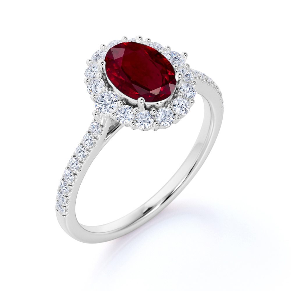 Sparkling Pave 1.5 Carat Oval Cut Lab-Created Ruby and Diamond Engagement Ring in White Gold