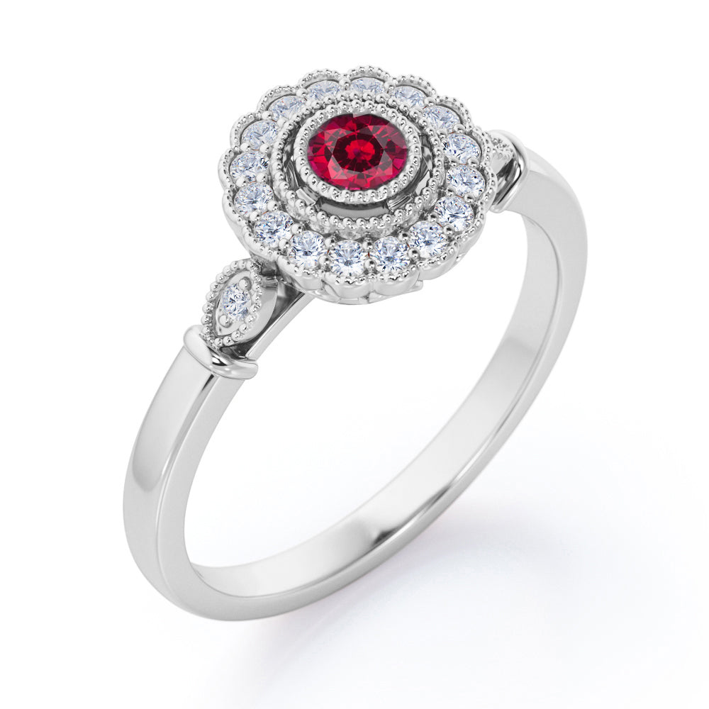 Milgrain Flower Halo 1.2 carat Carat Round Brilliant Cut Ruby Trilogy Bezel Engagement Ring in White Gold