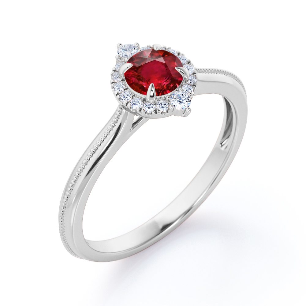 Vintage Milgrain 1.10 carat Round Cut Lab-Created Ruby and Diamond Halo Engagement ring in Rose Gold