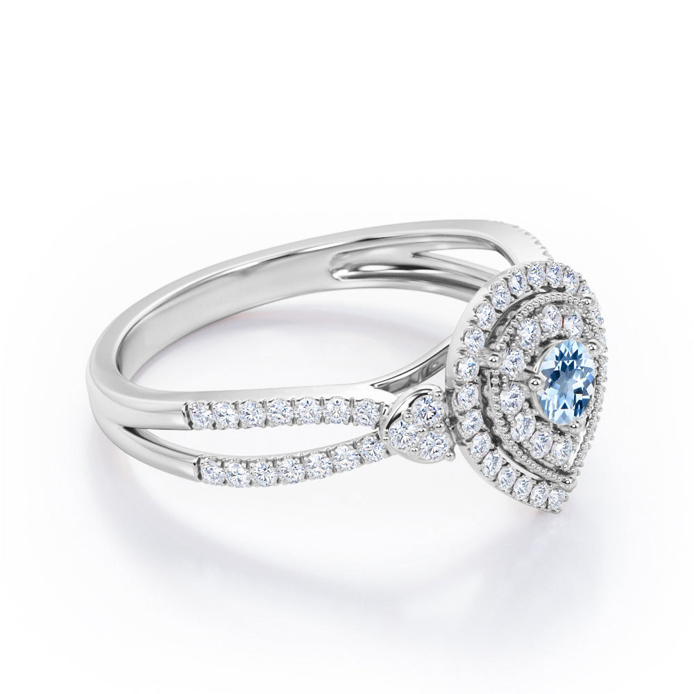 Pear-Shaped Double Halo - 1.7 Carat Round Cut Aquamarine - Pave Split Shank Engagement Ring in White Gold