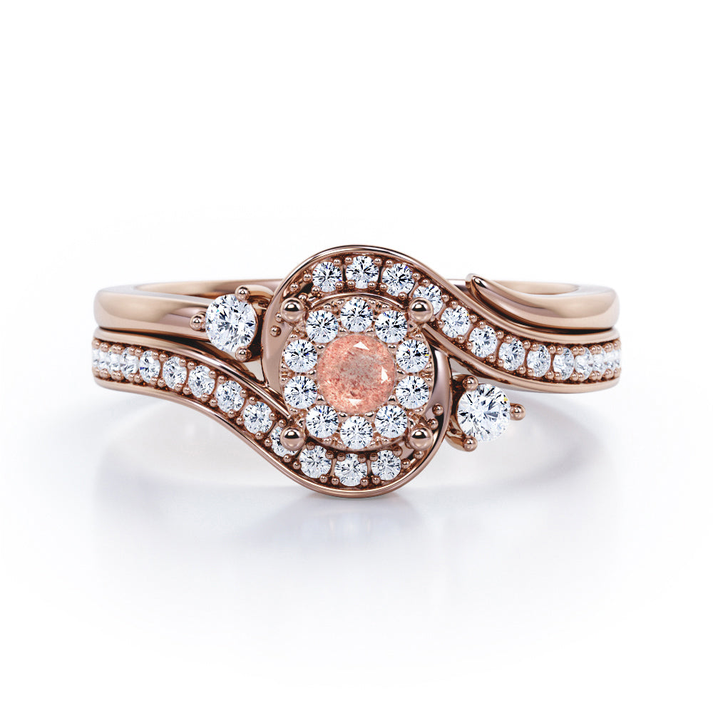 Pave-Prong Design 0.55 TCW Round Shape Strawberry quartz and diamond Bridal Ring Set in Rose Gold