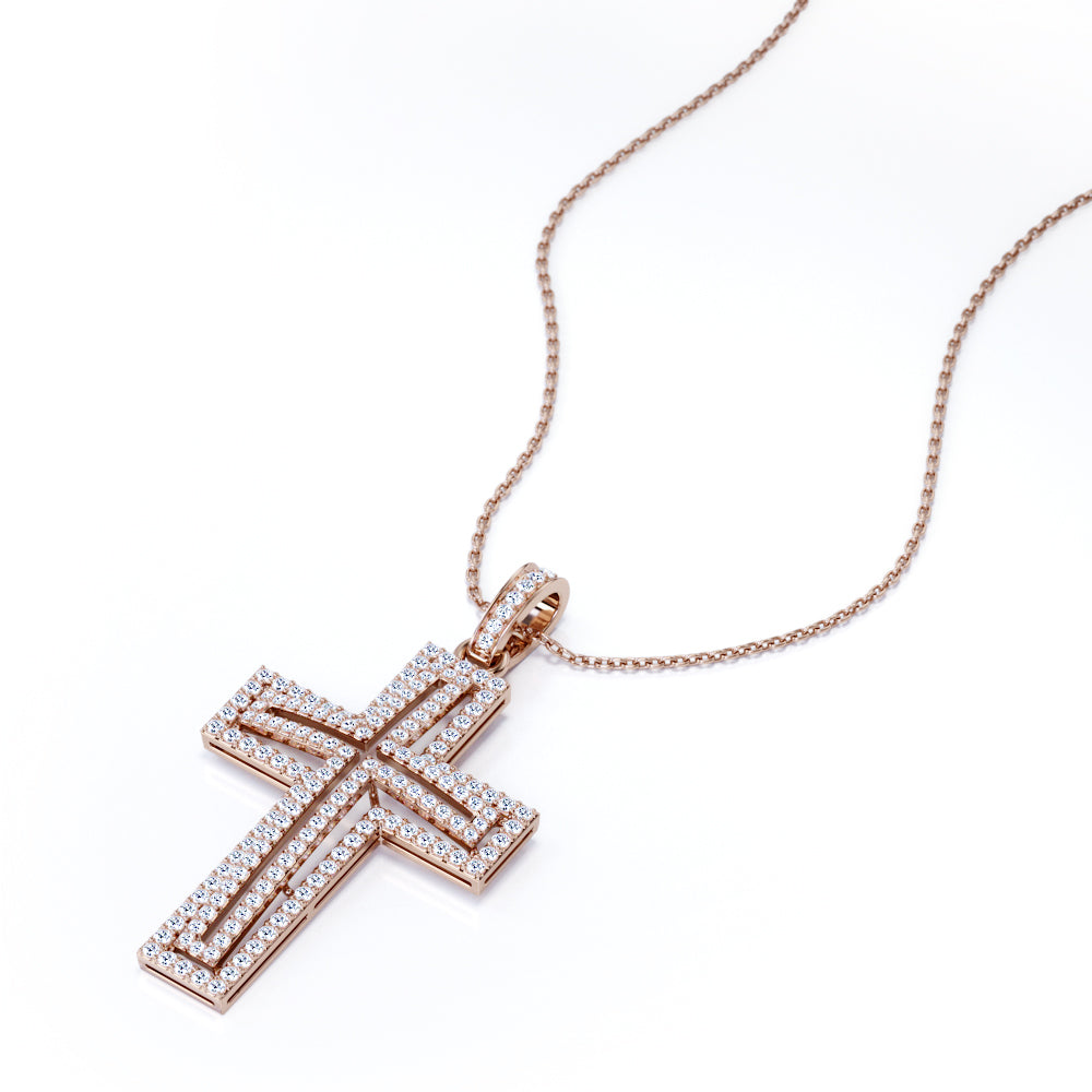 2-Layered 0.2 TCW Round Shape Moissanite Pave Cross Outline Pendant Necklace in 18K White Gold Plating over Silver