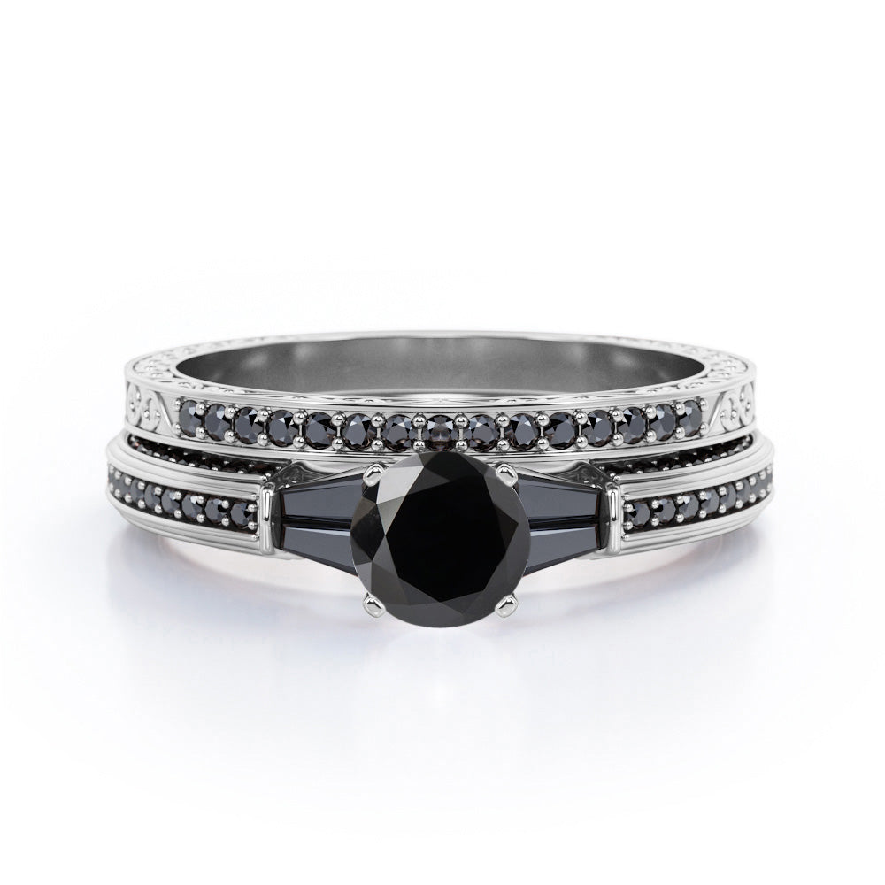 Art Deco 5-Stone 1.55 TCW Round Shape Lab Created Black Diamond Triple Pave-Channel Wedding Set in White Gold