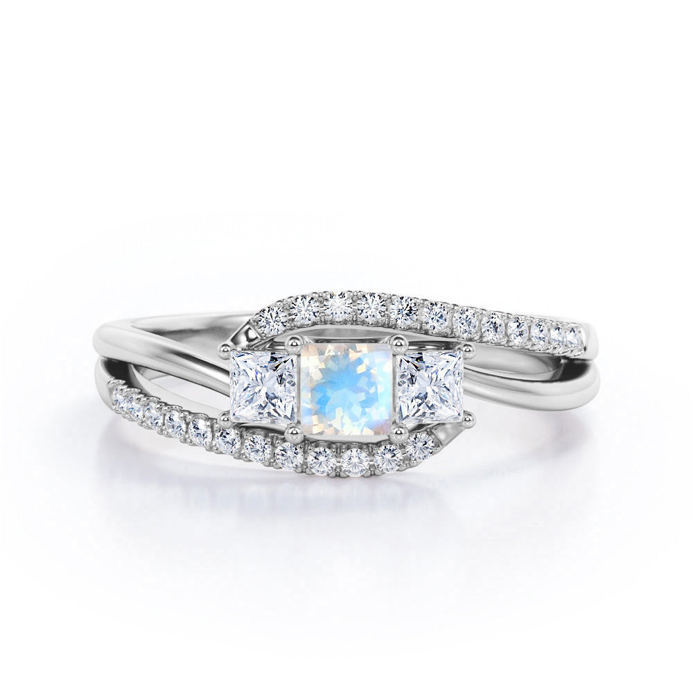 Shared Prongs 1 carat Princess Moonstone and Moissanite Split Shank Band Engagement Ring in White Gold