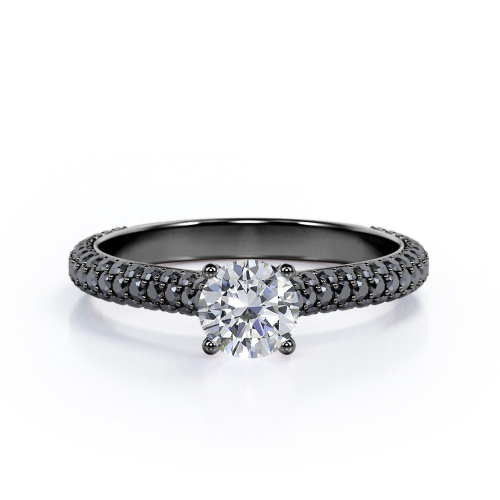 3-Row Micro Pave - 0.6 TCW Round Shaped Diamond with Lab Created Black Diamond - Cathedral Engagement Ring - 10K White Gold