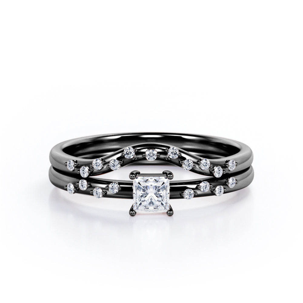 2-Prong Flush - 0.4 TCW Princess Cut Diamond - Curved Minimalist Wedding Ring Set in White Gold