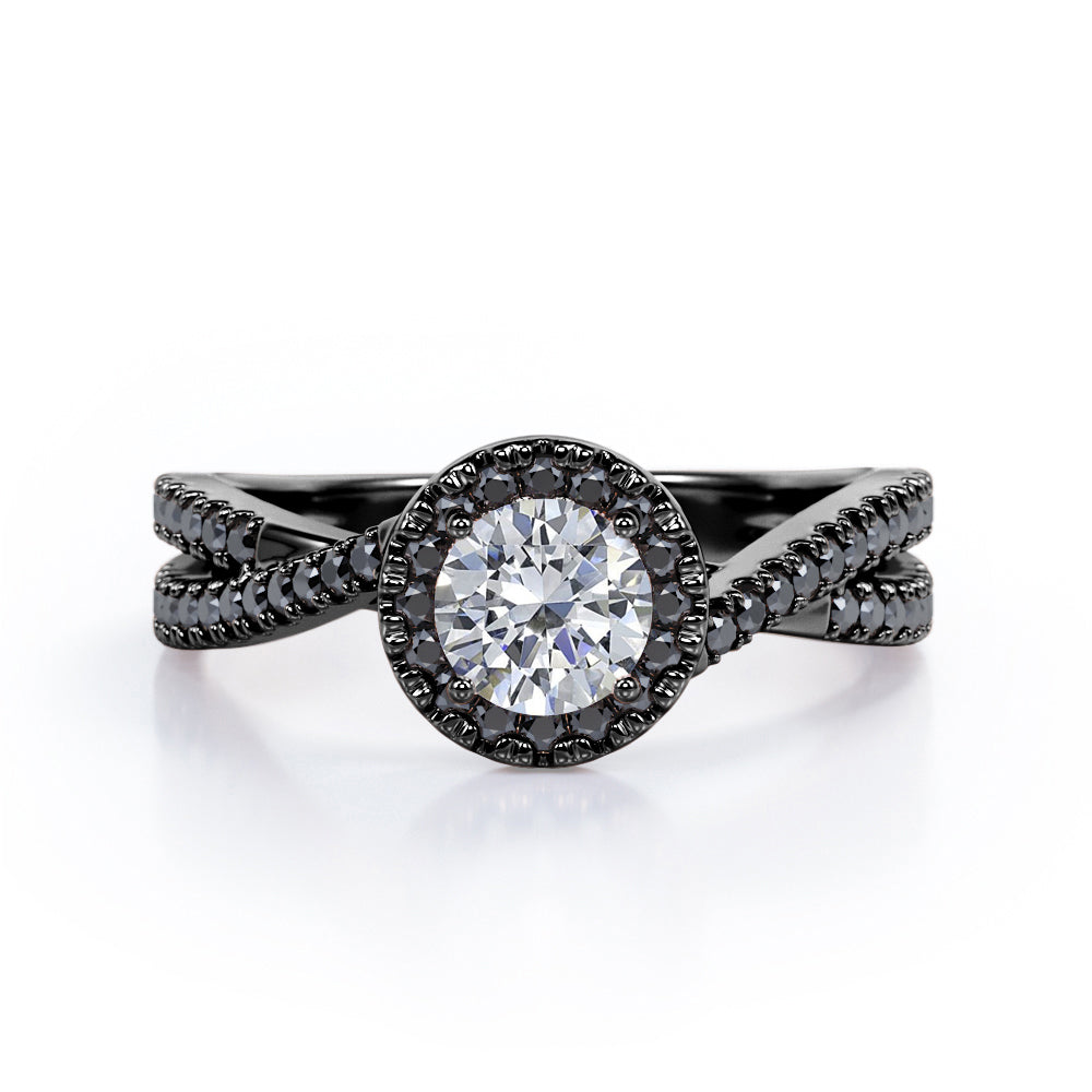 Milgrain Halo - 1.4 TCW Round Cut Moissanite with Lab Created Black Diamond - Infinity Double Strand Engagement Ring in White Gold