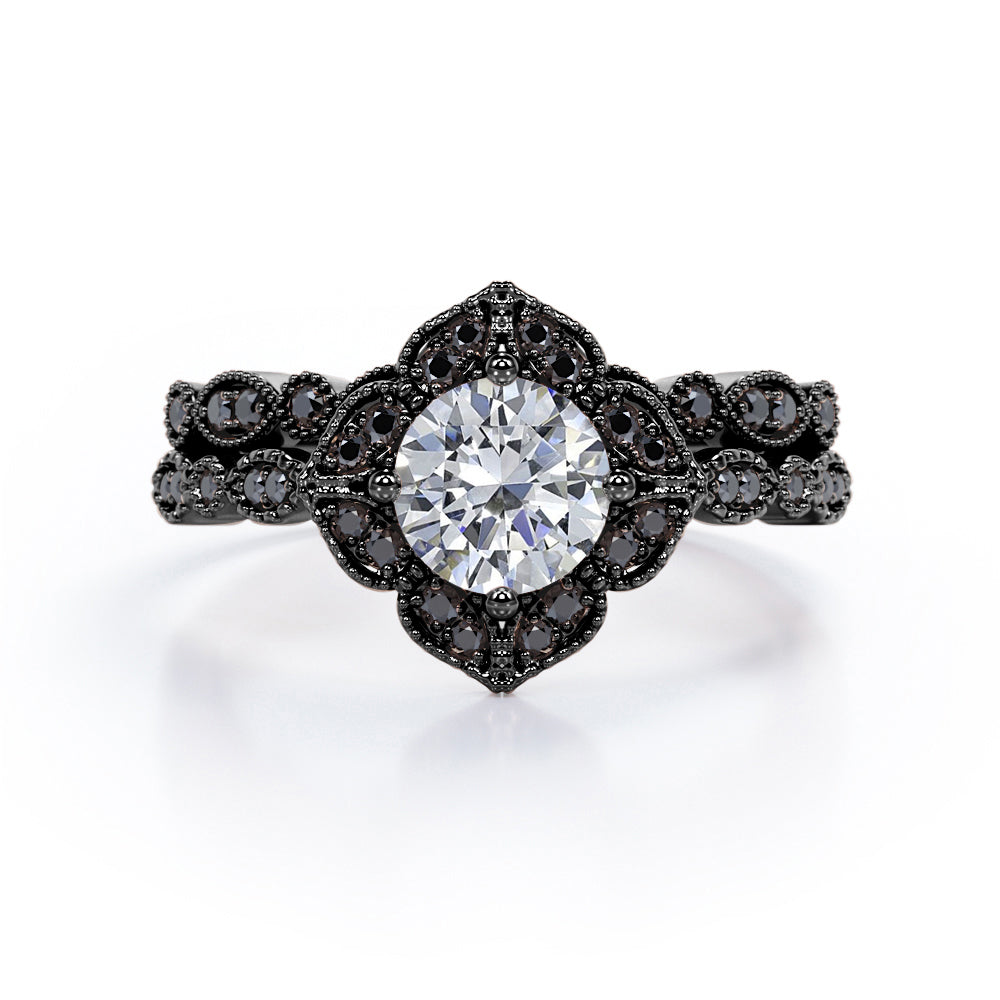 Milgrain Floral Cluster - 1.75 TCW Round Cut Moissanite with Lab Created Black Diamond - Filigree Bridal Ring Set in Rose Gold