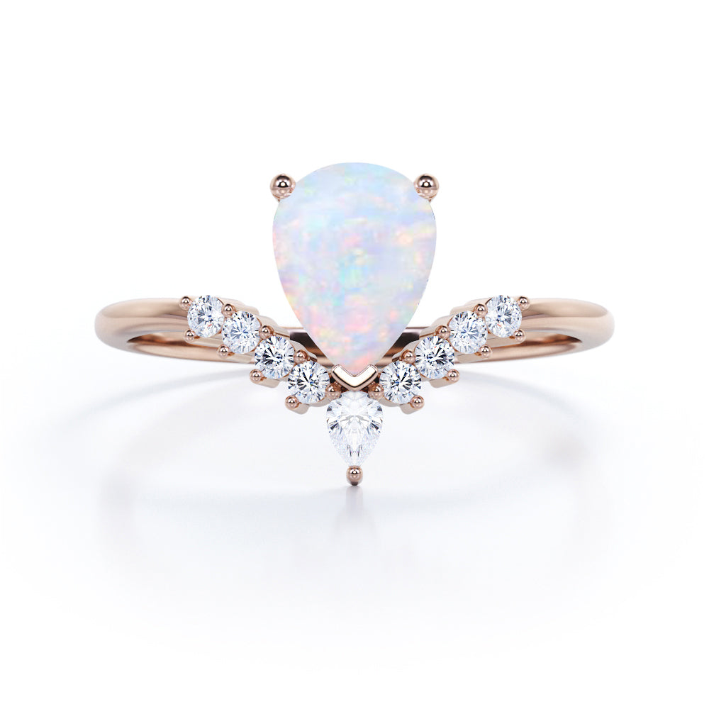 Modern 1.25 Carat Pear Cut White Opal And Diamond V Shaped Style Engagement Ring For Women In White Gold