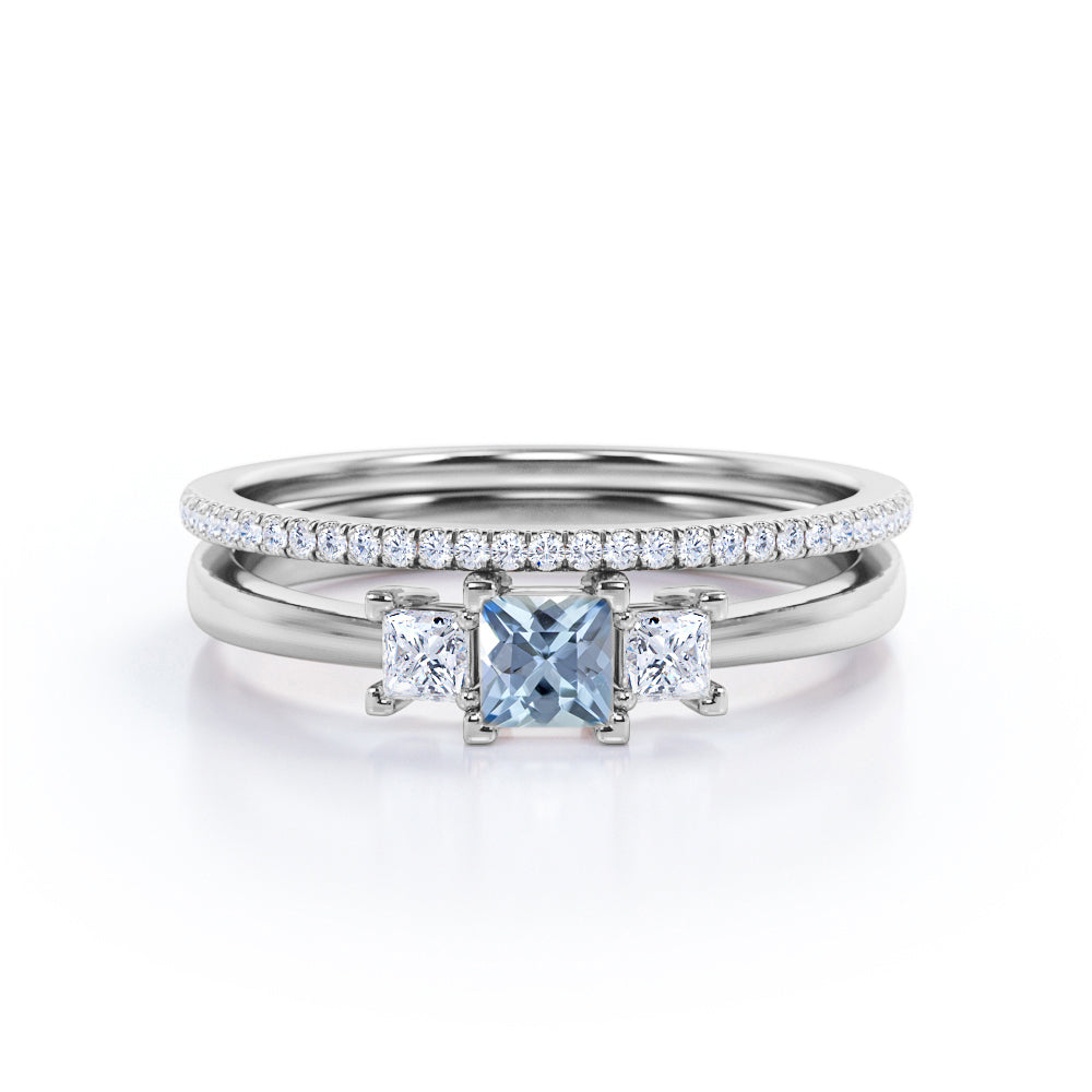 1.10 Carat Princess Cut Aquamarine And Diamond Three Stone Wedding Ring Set In White Gold