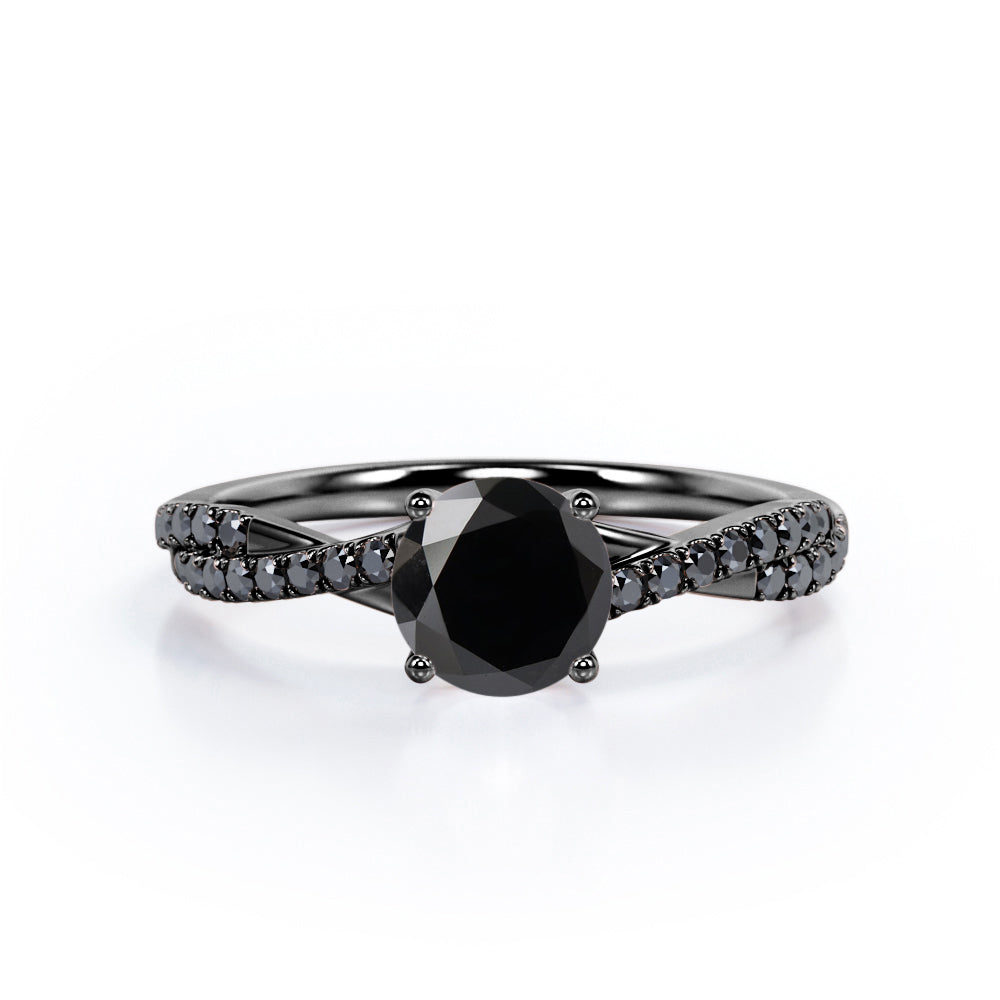 Basket Cathedral - 1.45 TCW Round Shape Lab Created Black Diamond - Crossover Pave Engagement Ring in White Gold