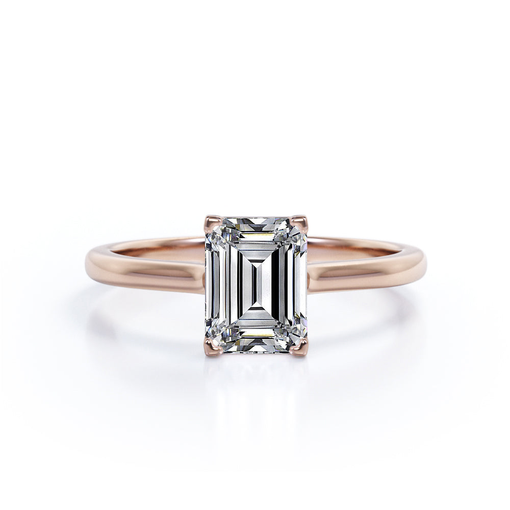 Minimalist - 1 Carat Cubic Zirconia Emerald Cut - Solitaire Prong Set Right Hand Ring - 18K White Gold Plating over Silver