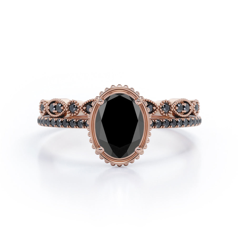 Prong Milgrain Bezel - 1.65 TCW Oval Shaped Lab Created Black Diamond - Pave Filigree Bridal Set in White Gold