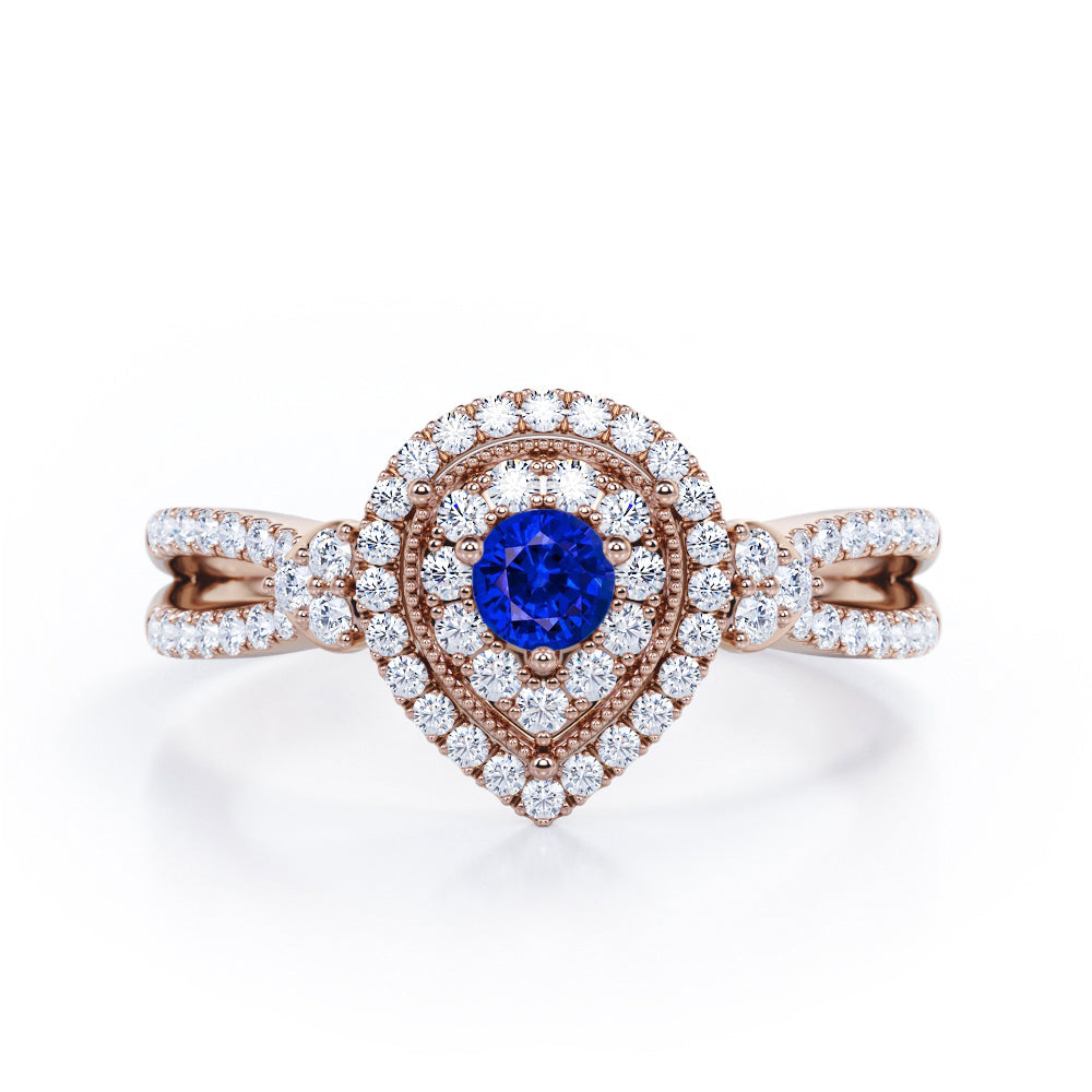 Pear-Shaped Double Halo - 1.7 Carat Round Cut Blue Sapphire and diamond - Pave Split Shank Engagement Ring in White Gold