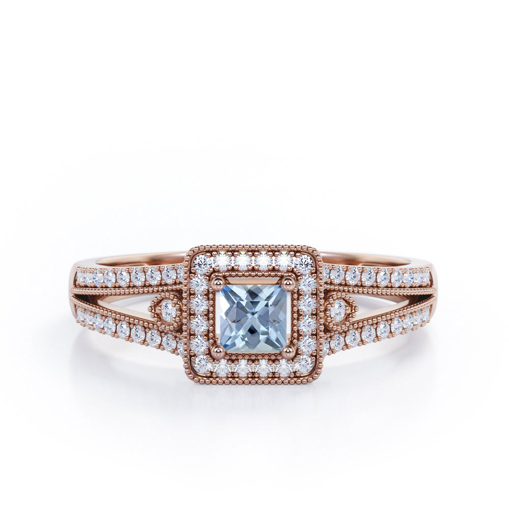 Split-Shanked Pave 1.55 Carat Princess Cut Aquamarine Milgrain-Bordered Halo Engagement Ring in White Gold