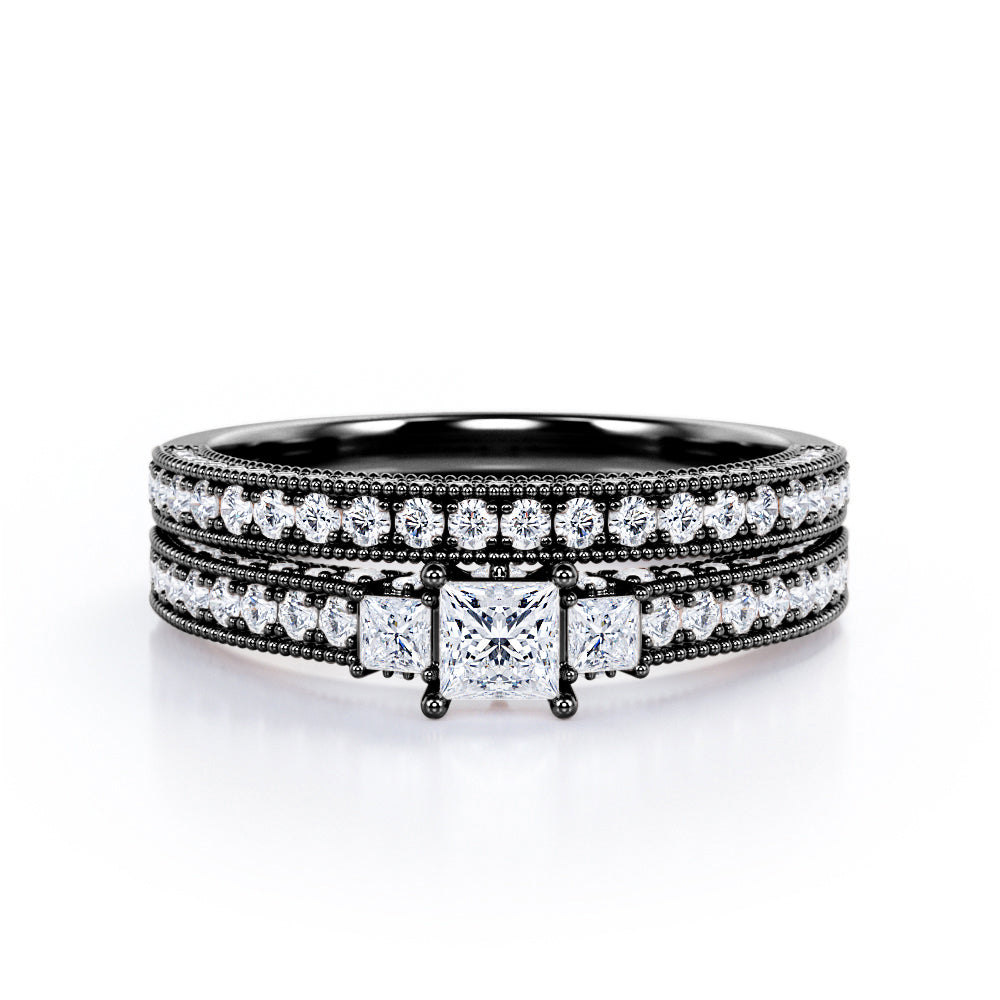 3-Stone Pave 0.6 TCW Princess Cut Diamond Milgrain-Bordered Wedding Ring Set in White Gold