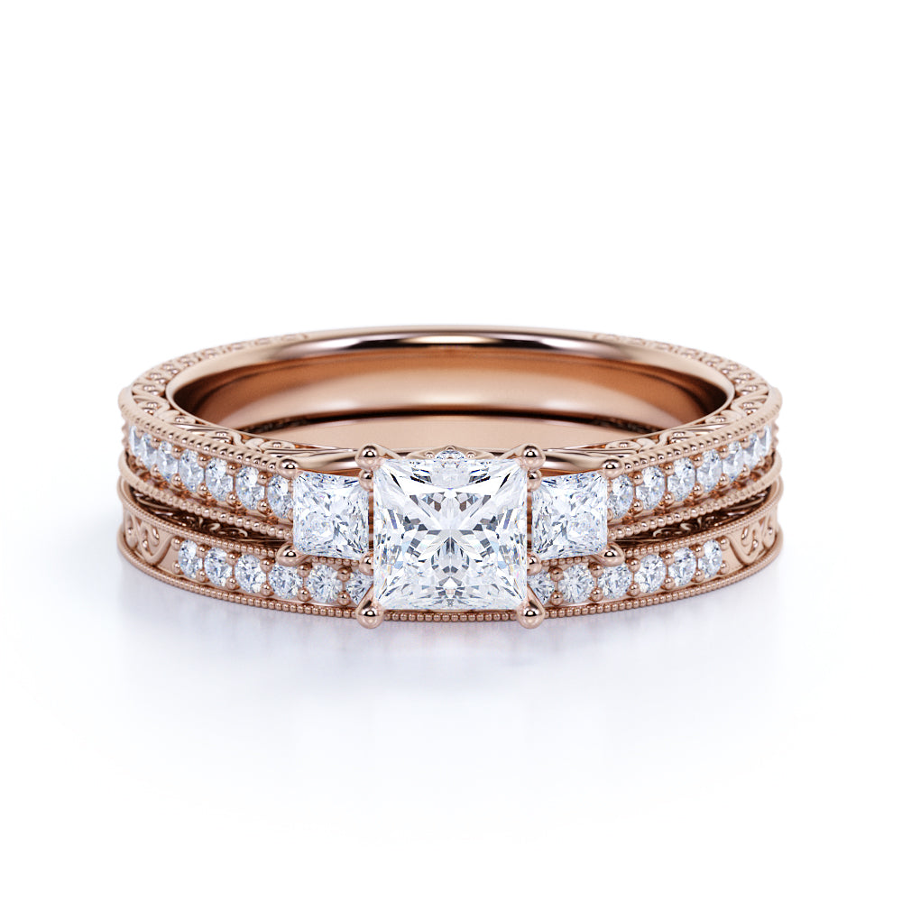 Princess Cut Diamond - Pave - Three Stone Ring - Victorian Style - Vintage Wedding Ring Set in 10K Rose Gold