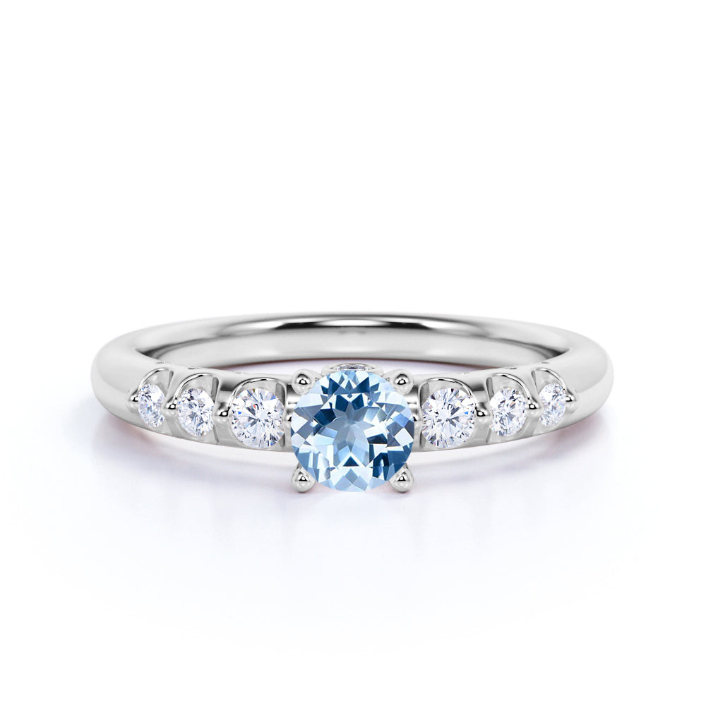 1 carat Round Dark Blue Created Aquamarine 7 Stone Antique Engagement Ring in 18k Rose Gold over Silver