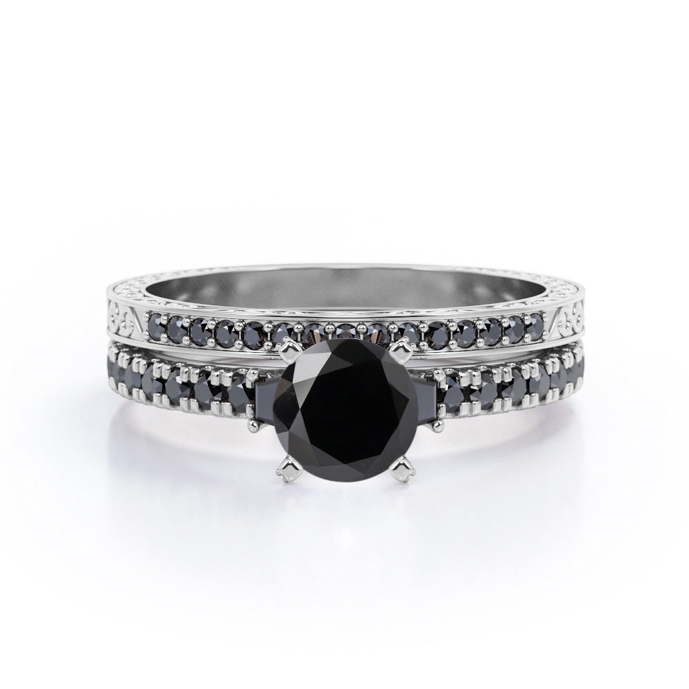 Art Deco Milgrain-Pronged 1.45 TCW Round Brilliant Cut Lab Created Black Diamond Pave Bridal Ring Set in White Gold