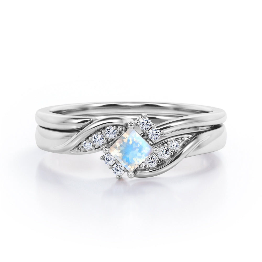 Petite Pave-Channel - 0.55 TCW Rhombus Princess Cut Moonstone and Moissanite - Prong Tensioned Wedding Ring Set - White Gold