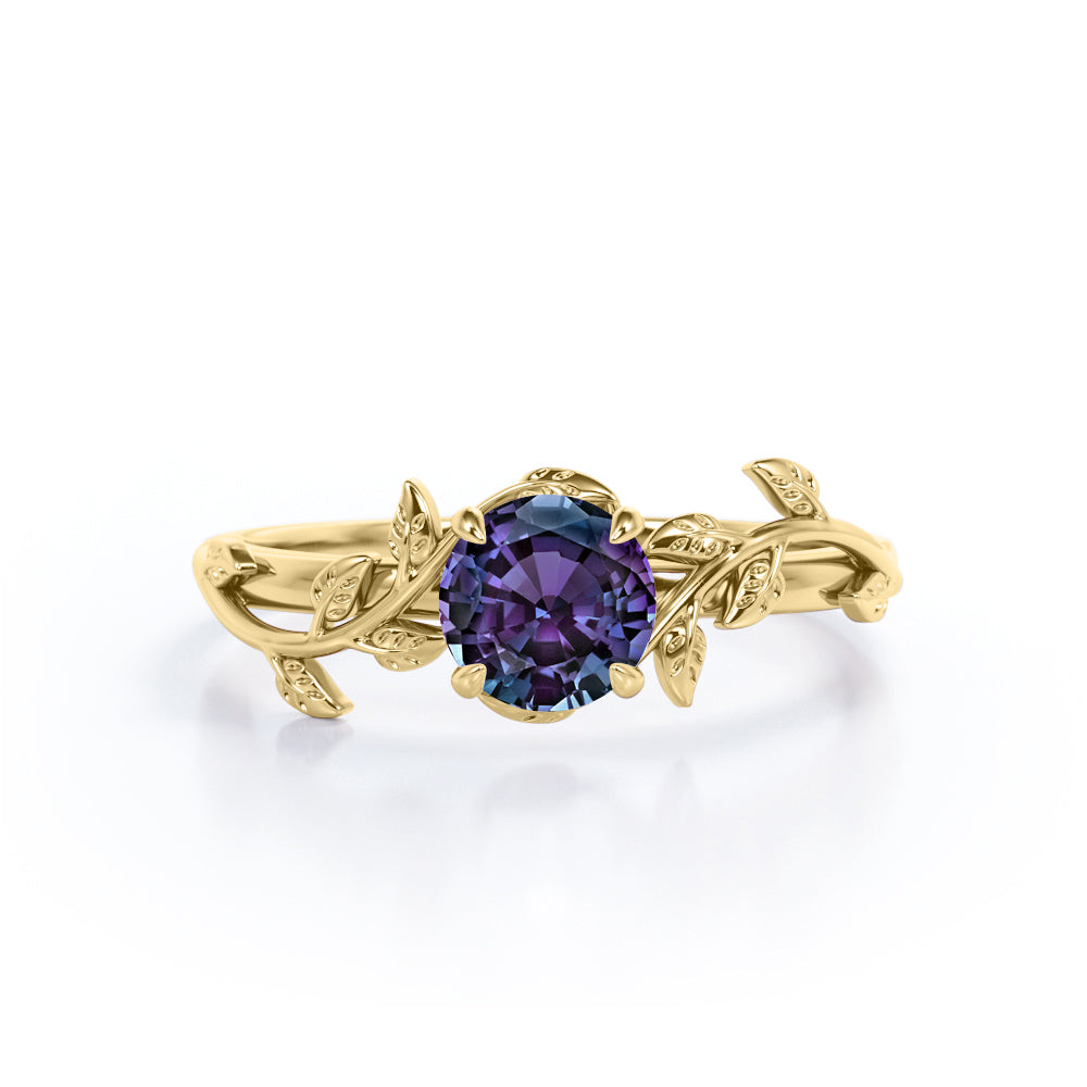 0.50 Carat - Round Cut Lab Created Alexandrite Ring - Leaf & Vine Engagement Ring - 18K Rose Gold Plating Over Silver