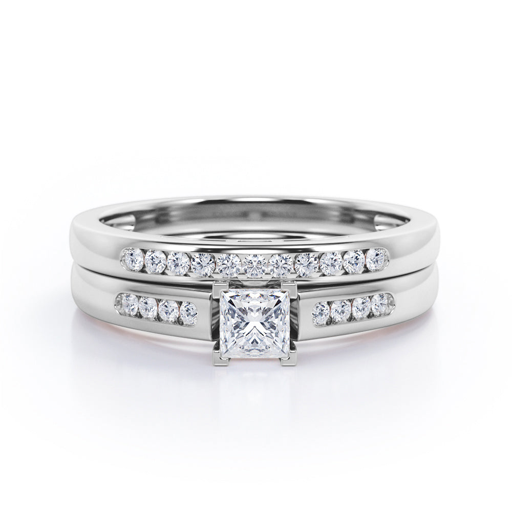 Minimalist 4-Prong Cathedral 0.5 TCW Princess Cut Diamond Flush Pave Bridal Ring Set in 10K White Gold