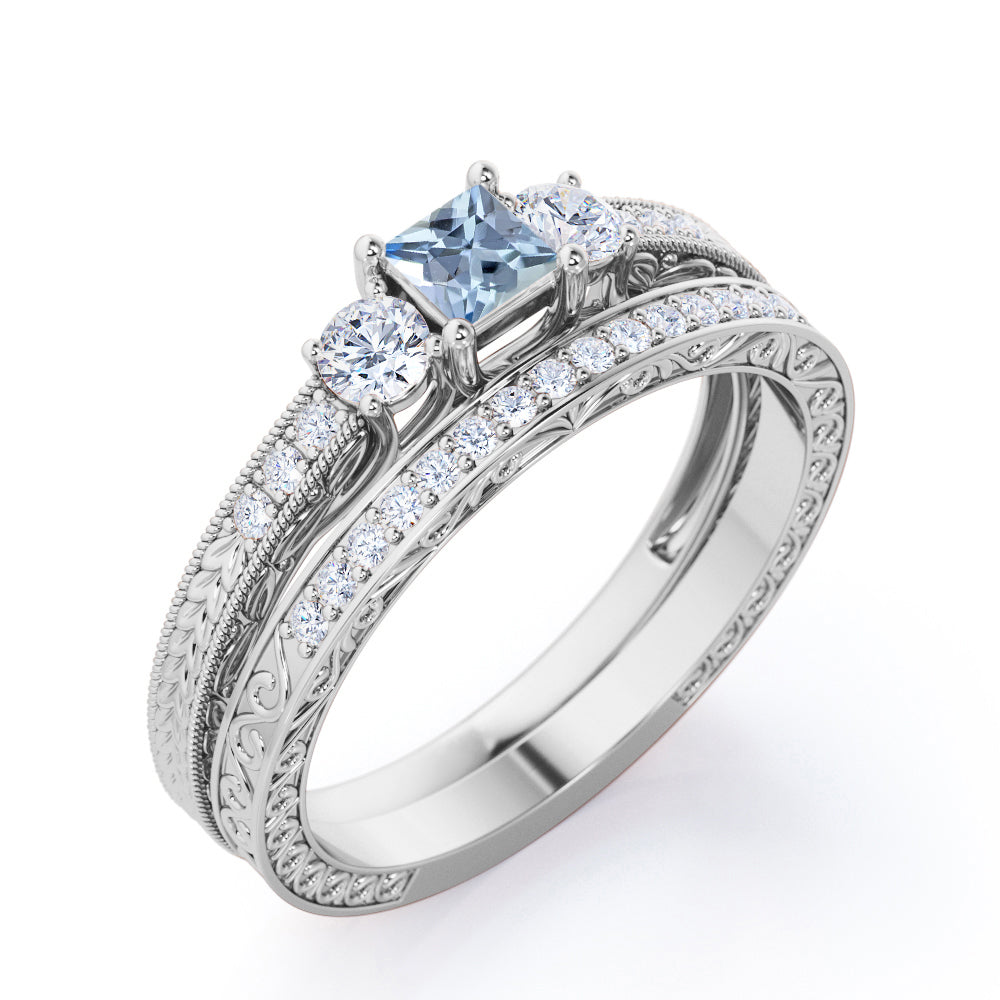 1.35 Carat Princess Cut Aquamarine And Diamond Antique Wedding Ring Set In White Gold